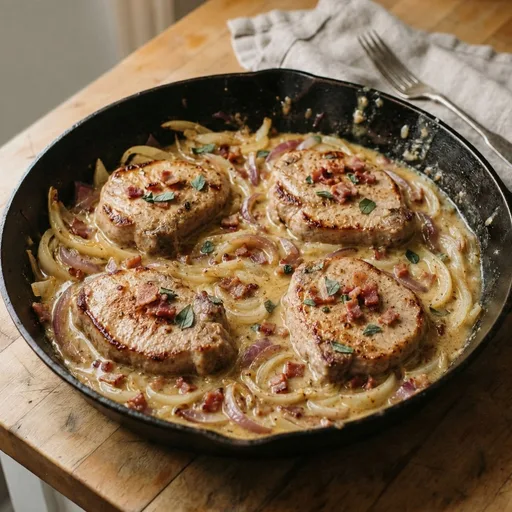 Creamy Apple Cider Pork Chops with Bacon and Fennel