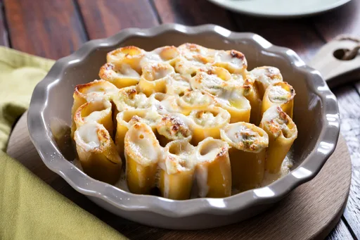 Paccheri gratinados com ricota e flores de abobrinha