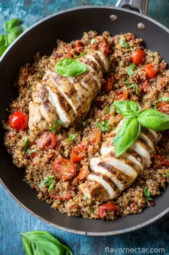 Quinoa mit Hähnchen, Tomaten und Basilikum