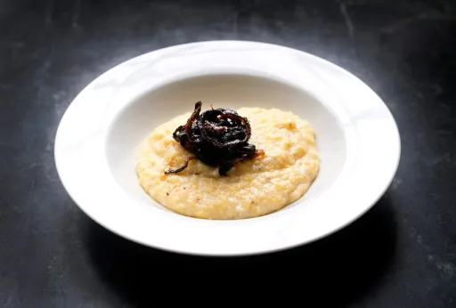 Creamy Polenta with Charred Onions and Black Trumpet Mushrooms