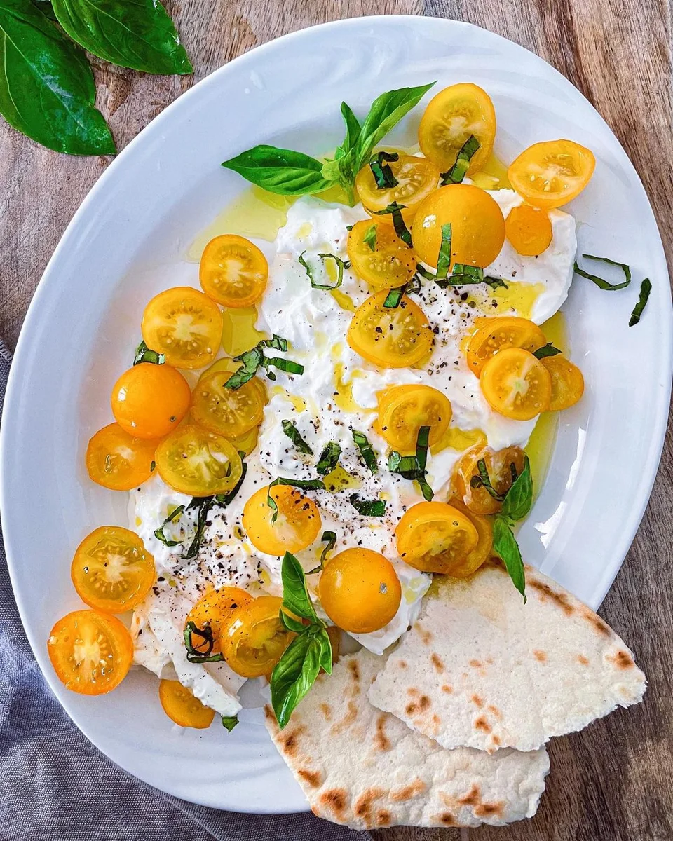 Salada caprese com tomates-cereja amarelos