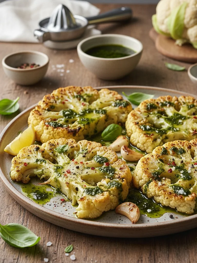 Garlic Roasted Cauliflower Steaks with Basil Oil