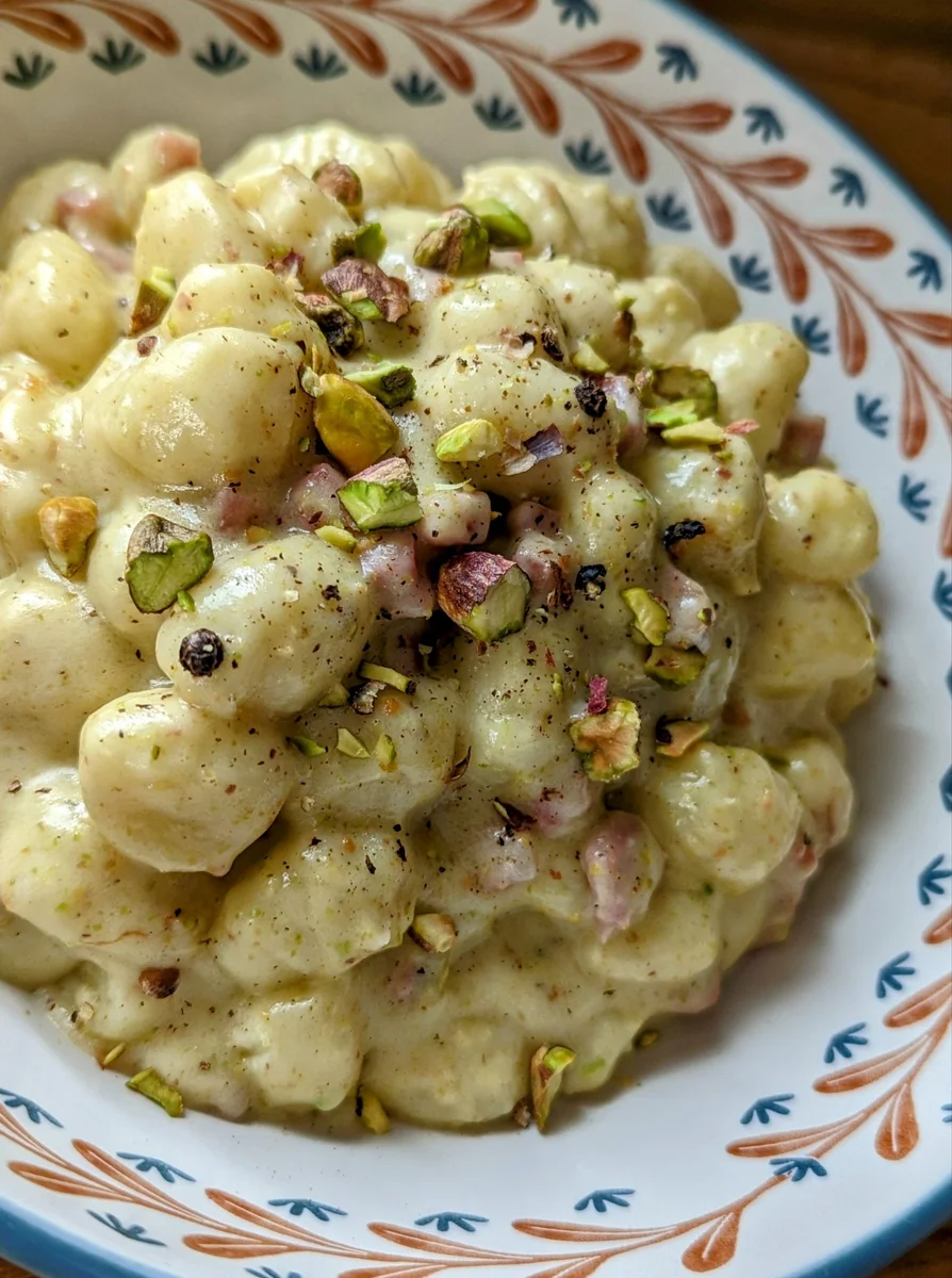 Gnocchi with pistachio and mortadella