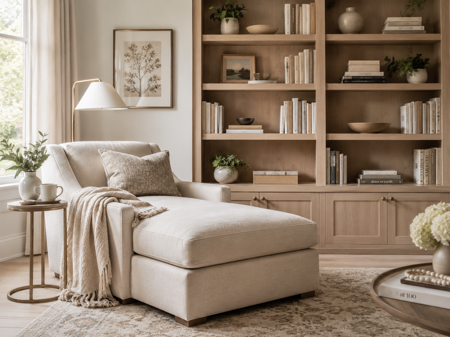 A welcoming reading corner with an armchair and bookshelves