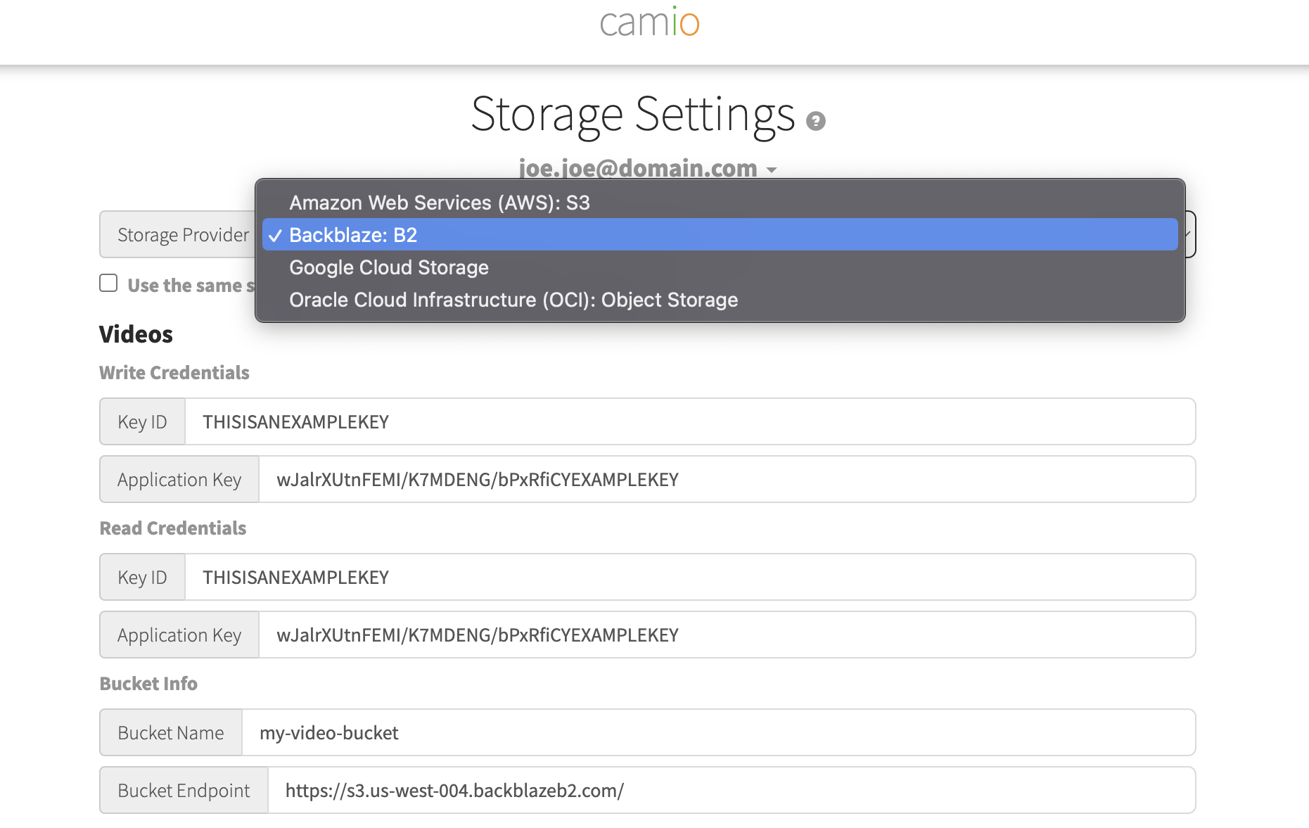 Camio BYOS settings page