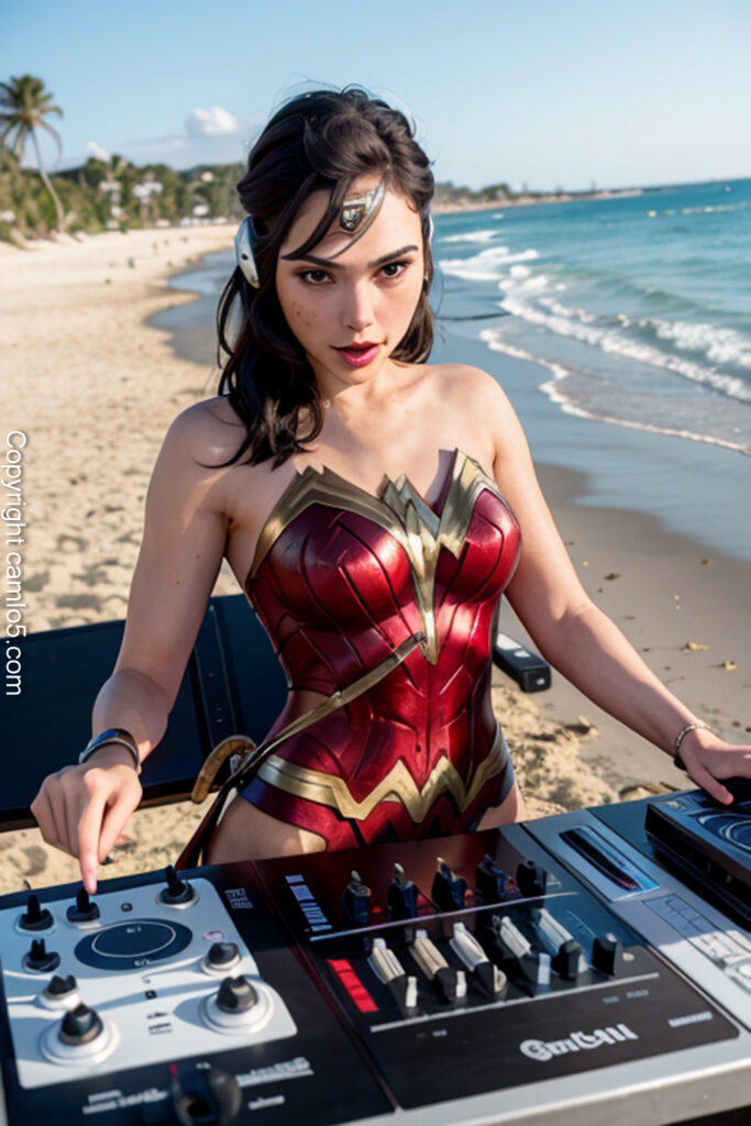 stable diffution prompt : Gal Galdot as a DJ Girl, night club background, detailed wonder woman clothing 