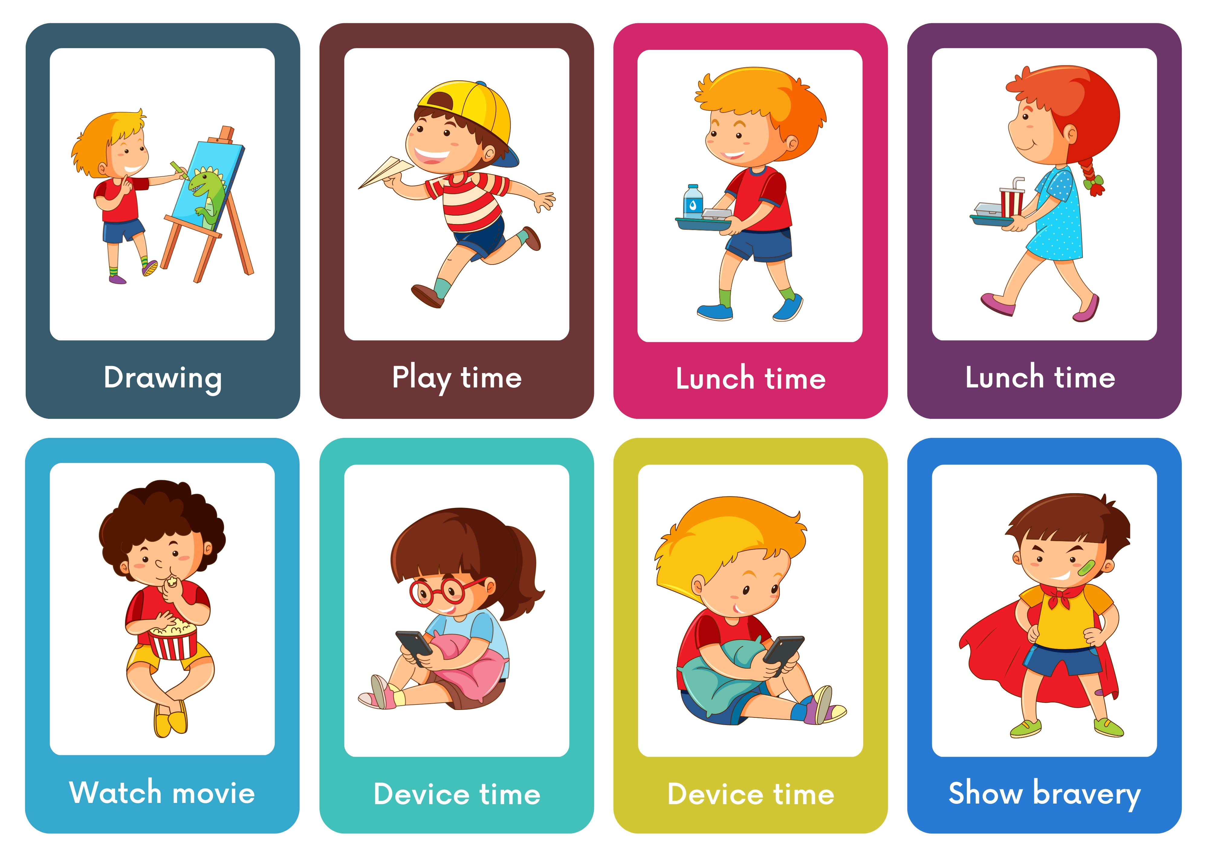 a group of children playing different games in different colors