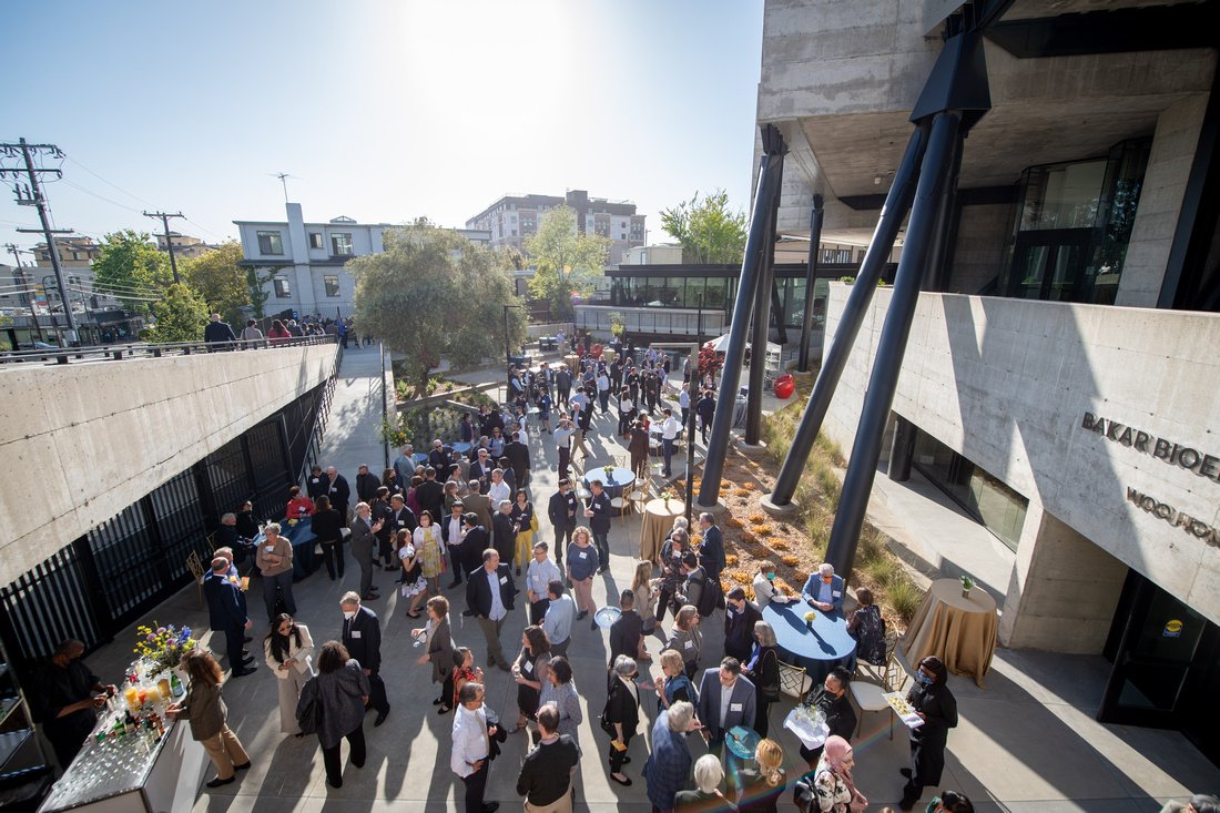 Color photo of dozens of people spread out in the courtyard of the BBH and beyond.