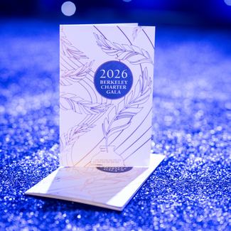 Invitation design for the 2026 Charter Gala on a sparkling blue background