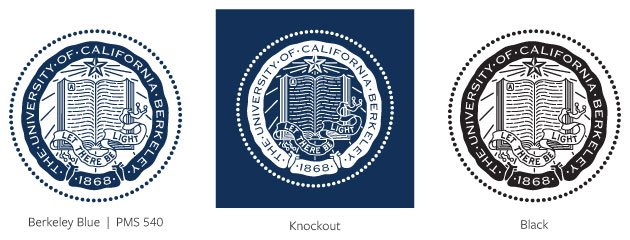 Seal shown on Berkeley Blue, White and California Gold backgrounds