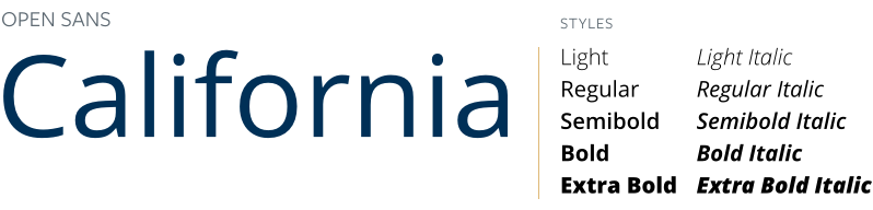 Samples of Open Sans spelling out "California" and then showing examples of Light, Regular, Semibold, Bold, and Extrabold weights.