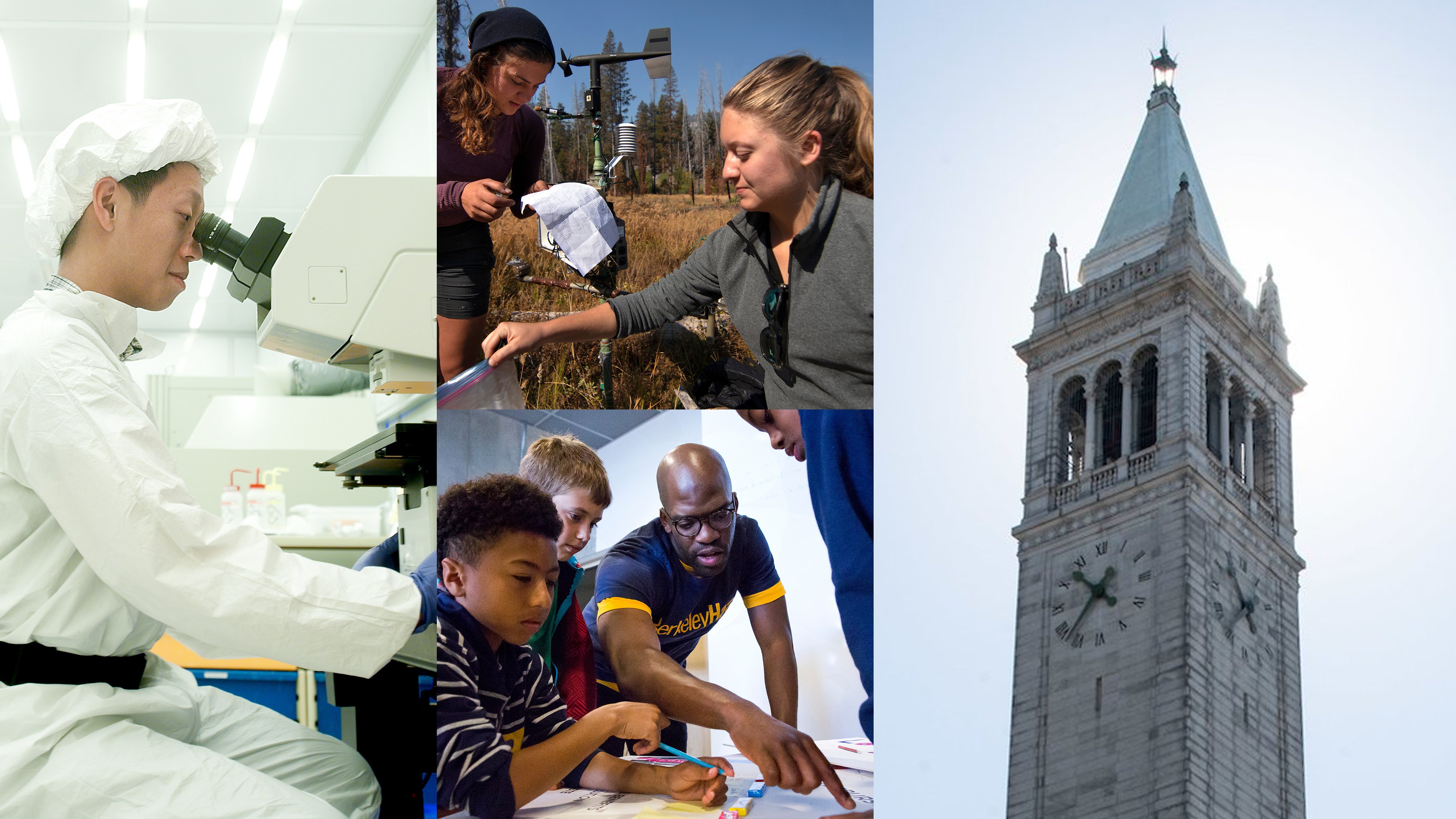 Collage of four photos: A person wearing PPE looking through a microscope, students doing field research; and the Campanile.