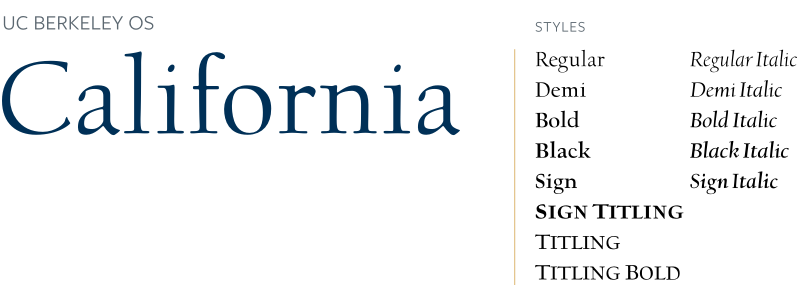 Samples of UC Berkeley OS spelling out "California" and then showing examples of Light, Regular, Semibold, Bold, and Extrabold weights.