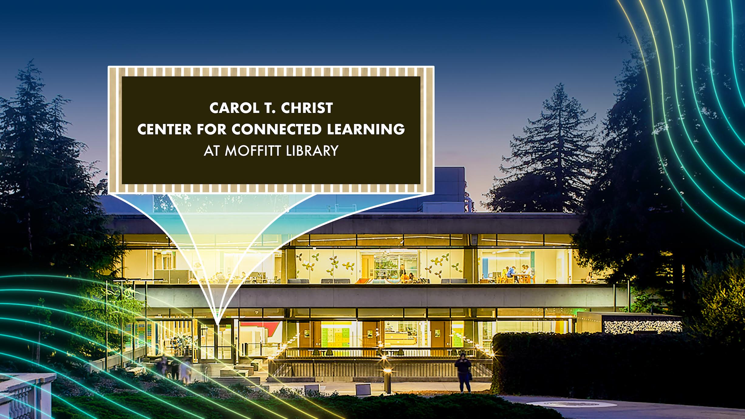 Full-color graphic rendering of Moffit Library with marquee-type sign reading 