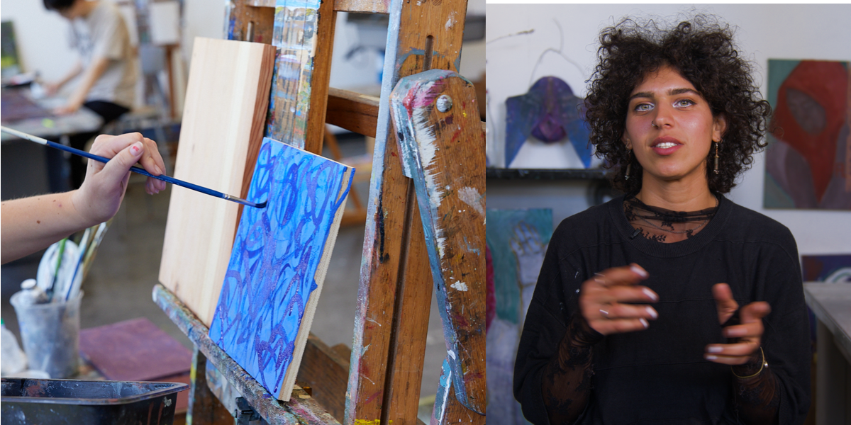 Composite photo of a hand painting a canvas on the left side, and Elizabeth, who has dark, curly hair, speaking on the right.