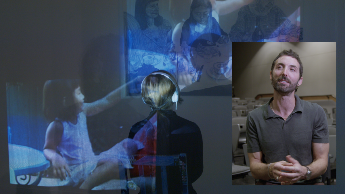Composite of a student wearing headphones and watching a film (left), with a closeup of Damon Young on the right.