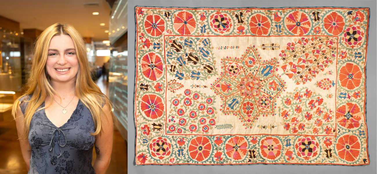 Composite showing Paris (left) in a floral gray top, and a textile (right) showing colorful circular and tree-like motifs.