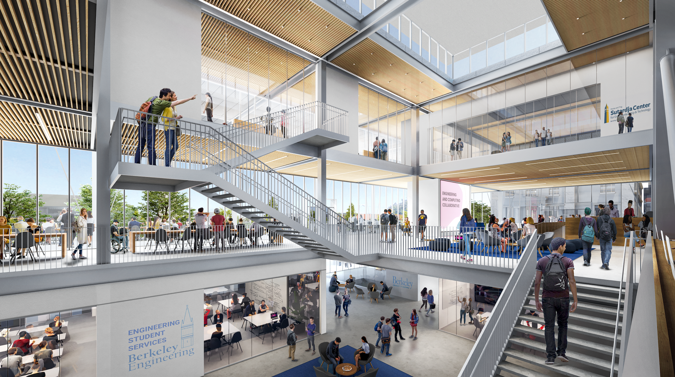 Architectural illustration of the inside of the new center, featuring a stairway and multiple levels inhabited by people.