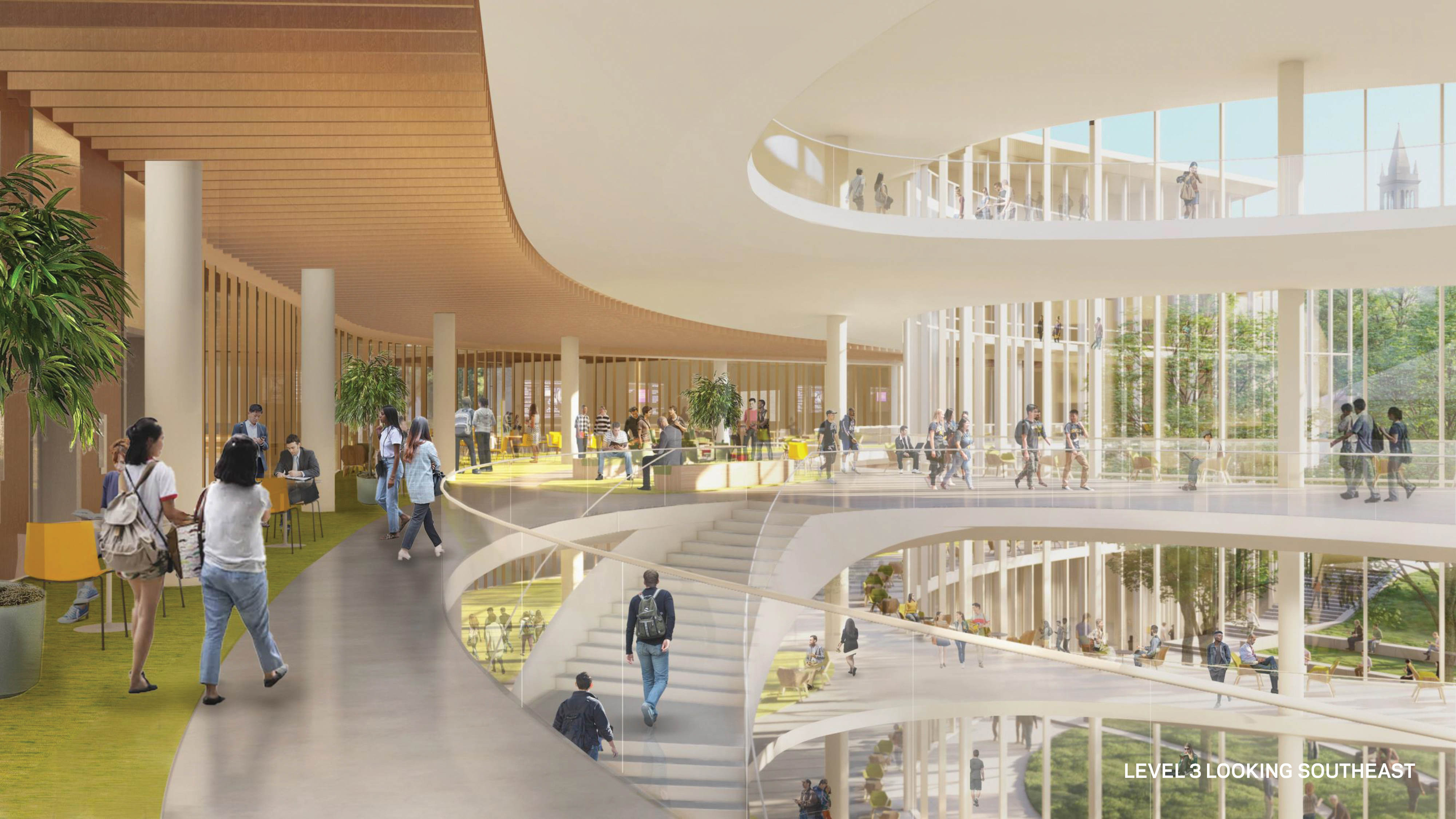 Interior rendering of a curved walkway carved by an open courtyard and facing tall windows.