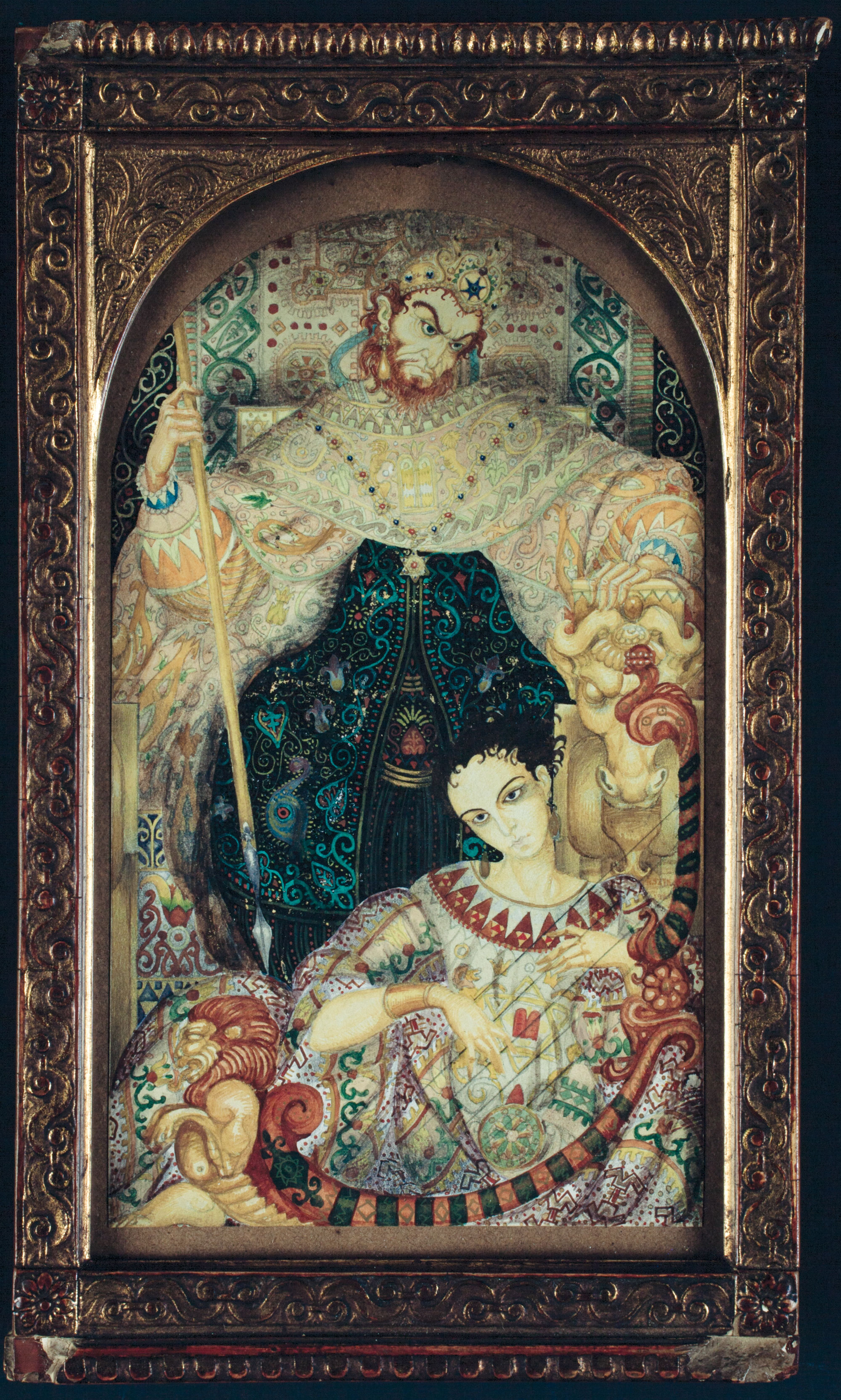 Photo of intricate, colorful artwork featuring a King and woman