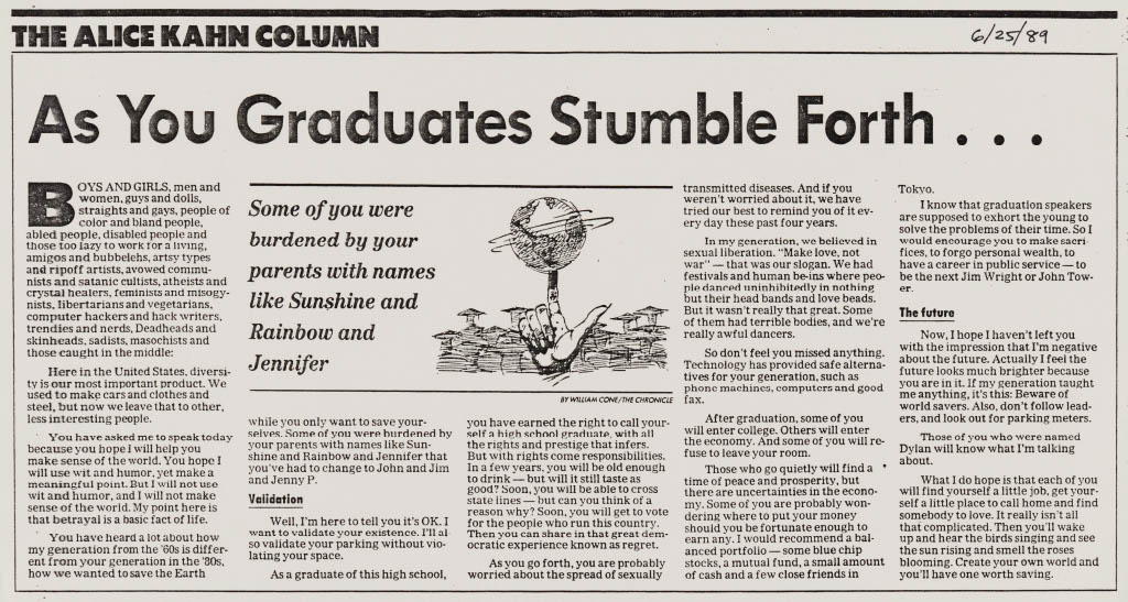 Newspaper clipping with the title "As You Graduates Stumble Forth..."