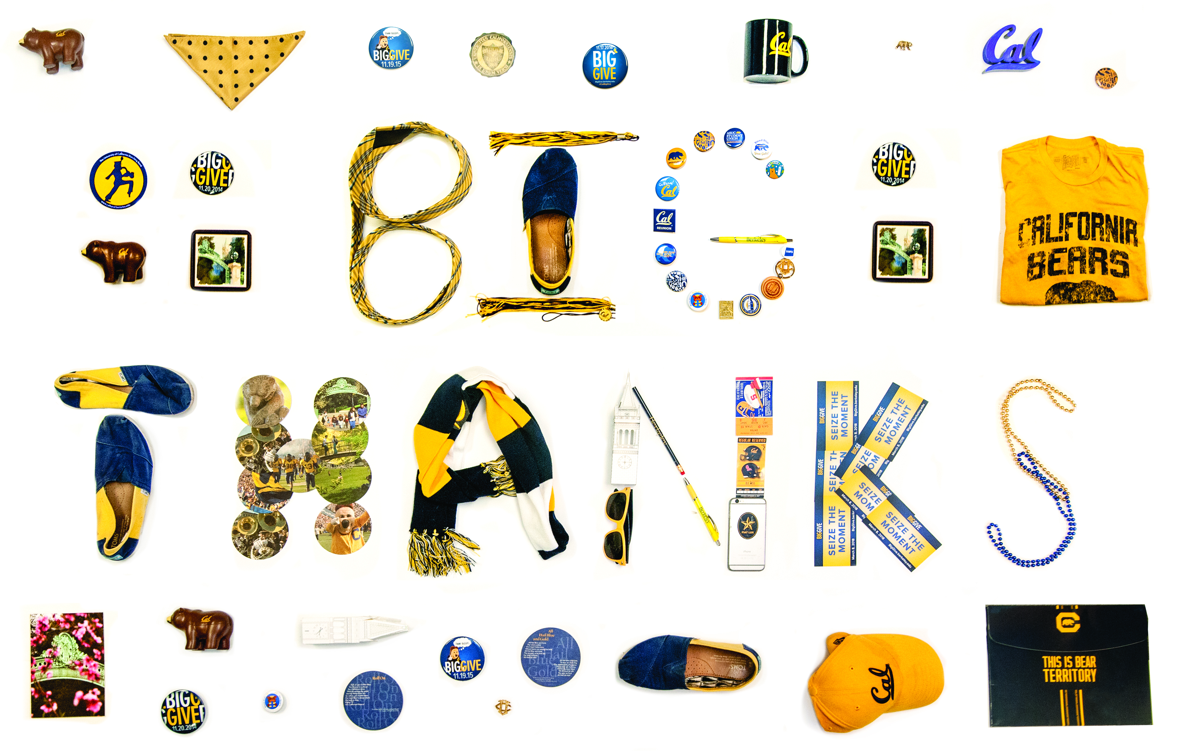 Photo of  the words "Big Thanks" spelled out of Cal gear