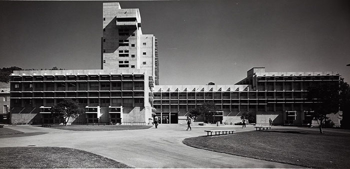 Black and white photo of the concrete Brutalist style building