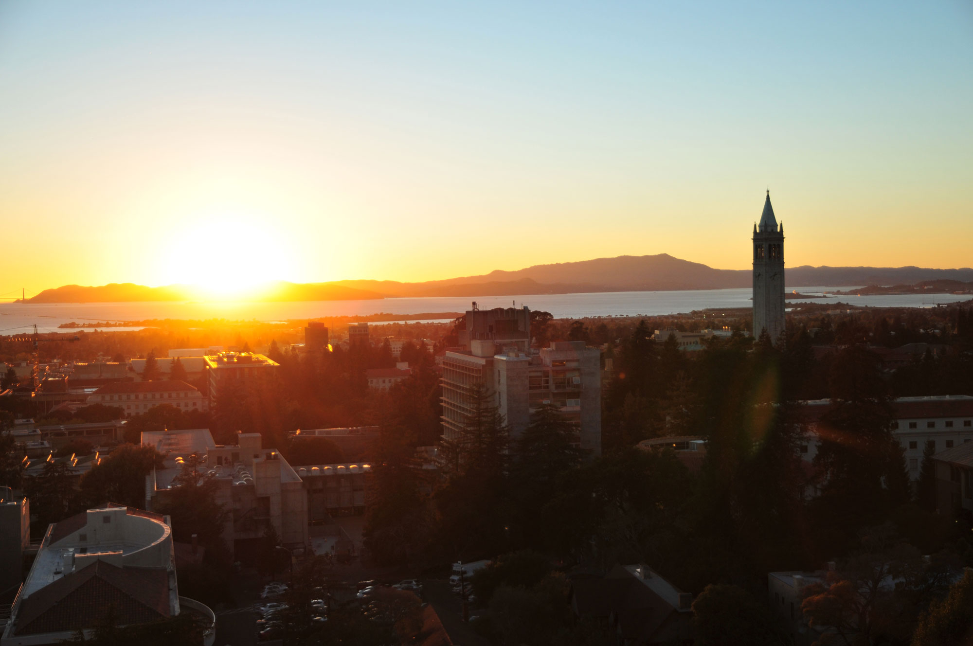 Photo of the Campanile at twilight with the sun setting in the background.