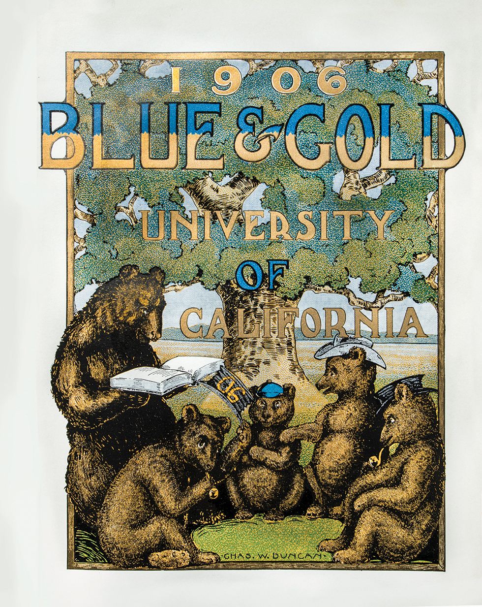 Illustration of a Blue & Gold Yearbook cover featuring five bears sitting by a tree engaged in reading and other activities.