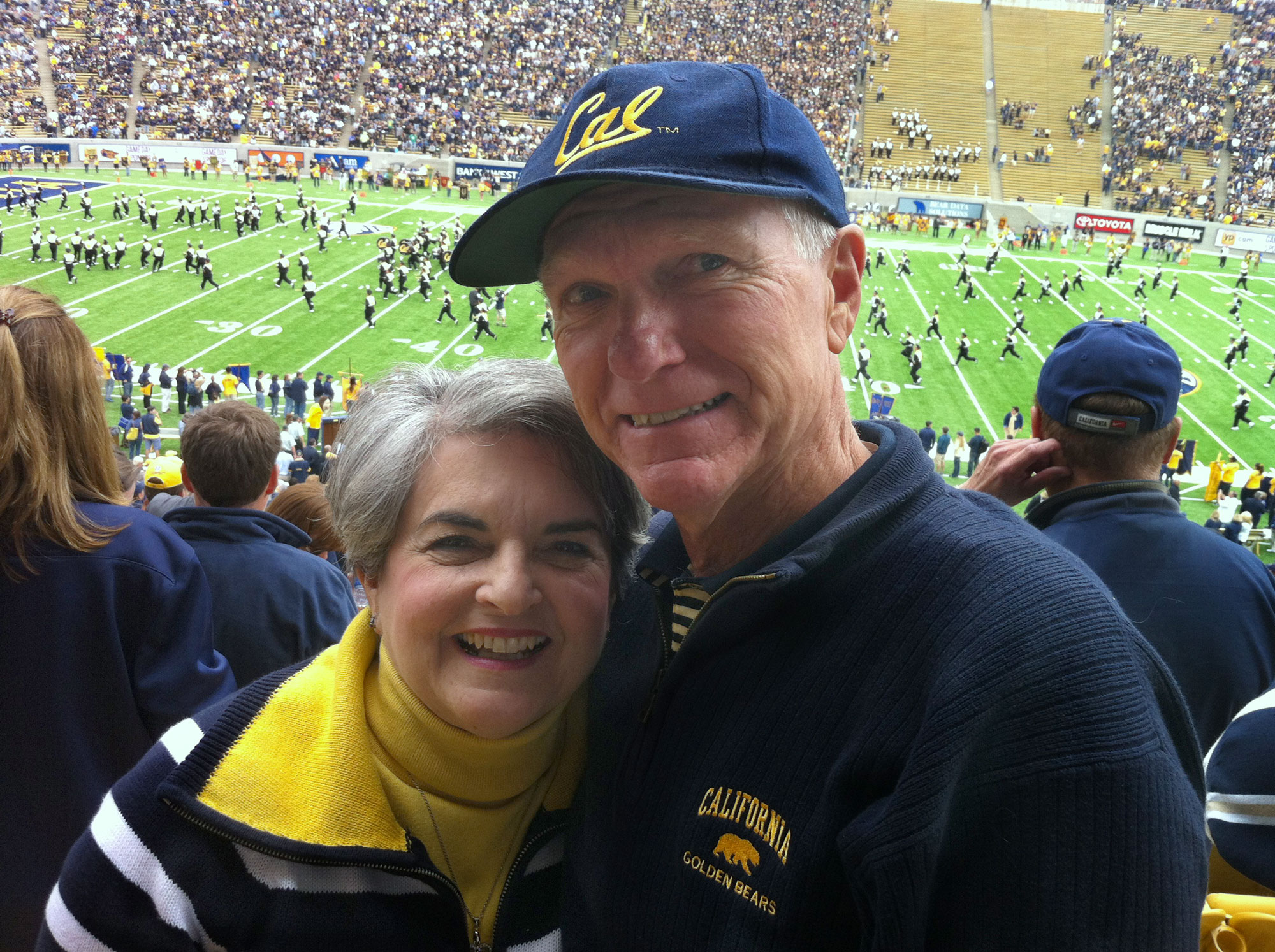 Photo of the Dales donning Cal clothes at a game at Memorial Stadium.