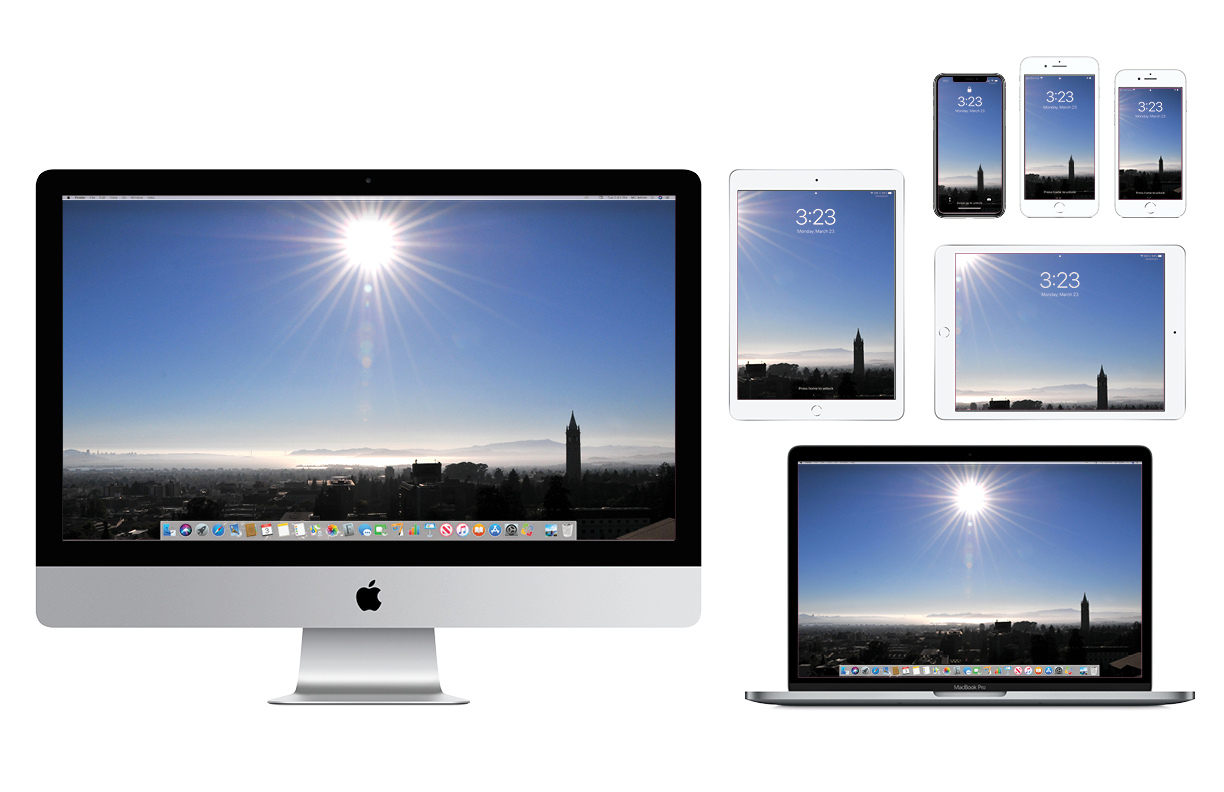 Wallpaper with Berkeley campus silhouetted against sunshine with San Francisco bay in the background