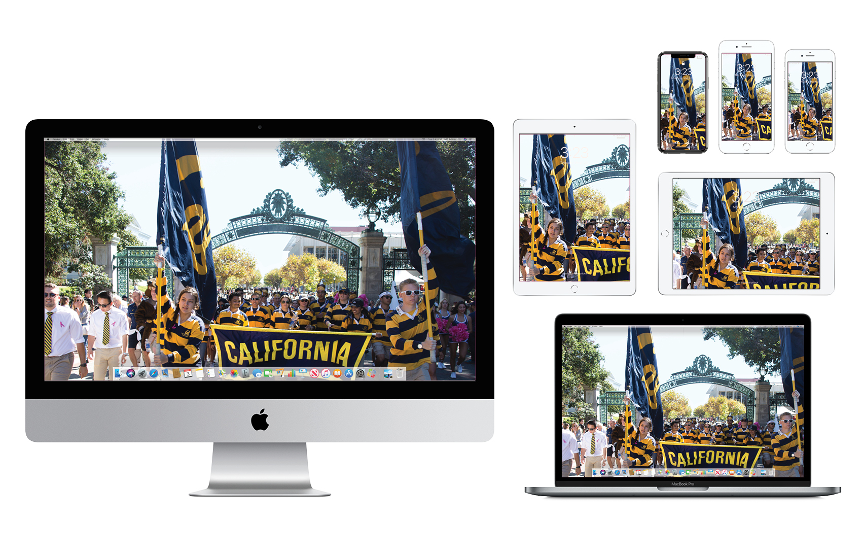 Wallpaper with parade of Cal Students in blue and gold marching through Sproul Plaza