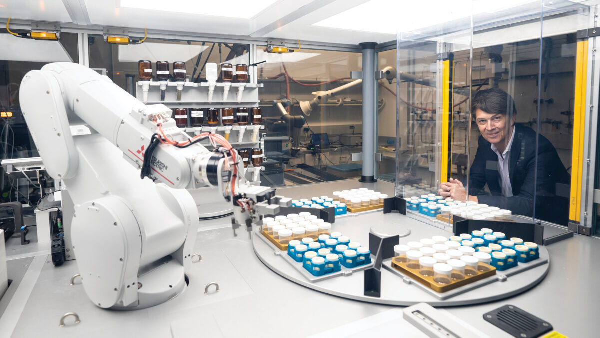 Professor Gerbrand Ceder inside Berkeley Lab's fully automated A-Lab