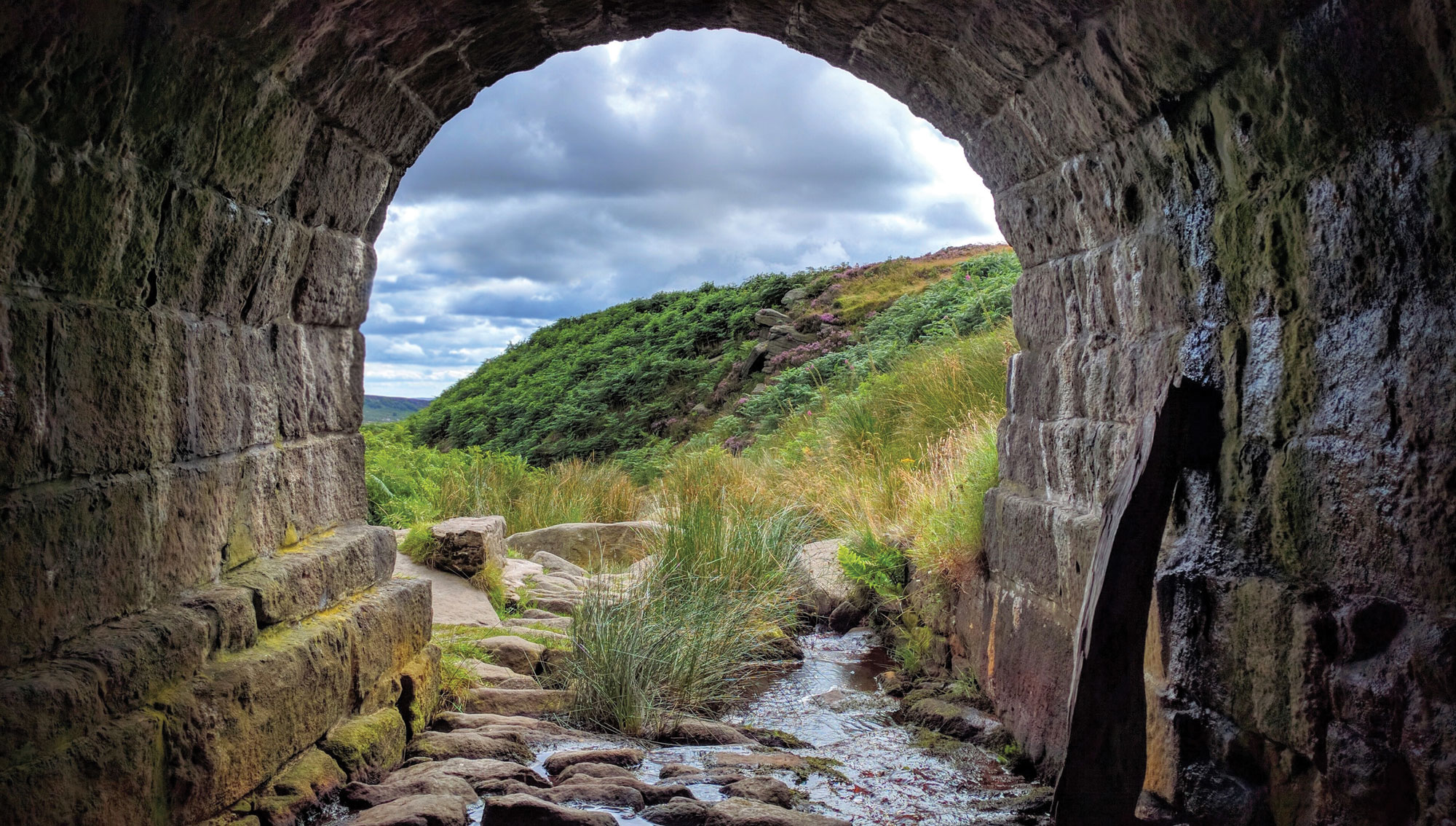 Photo of a stream running under a stone archway into an open area.