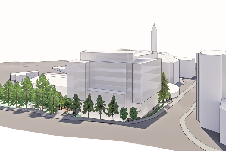 Architectural rendering as seen from farther away, with trees in the foreground