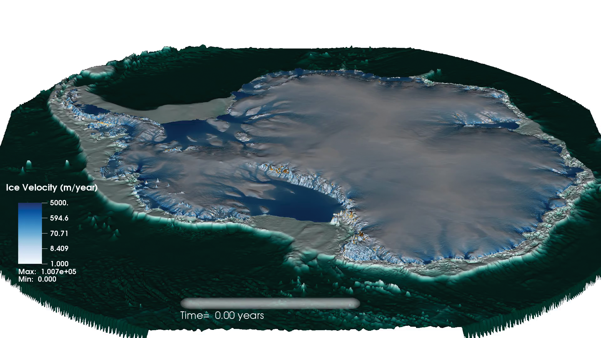 A computer model of Antartica showing how ice is flowing and changing over time.