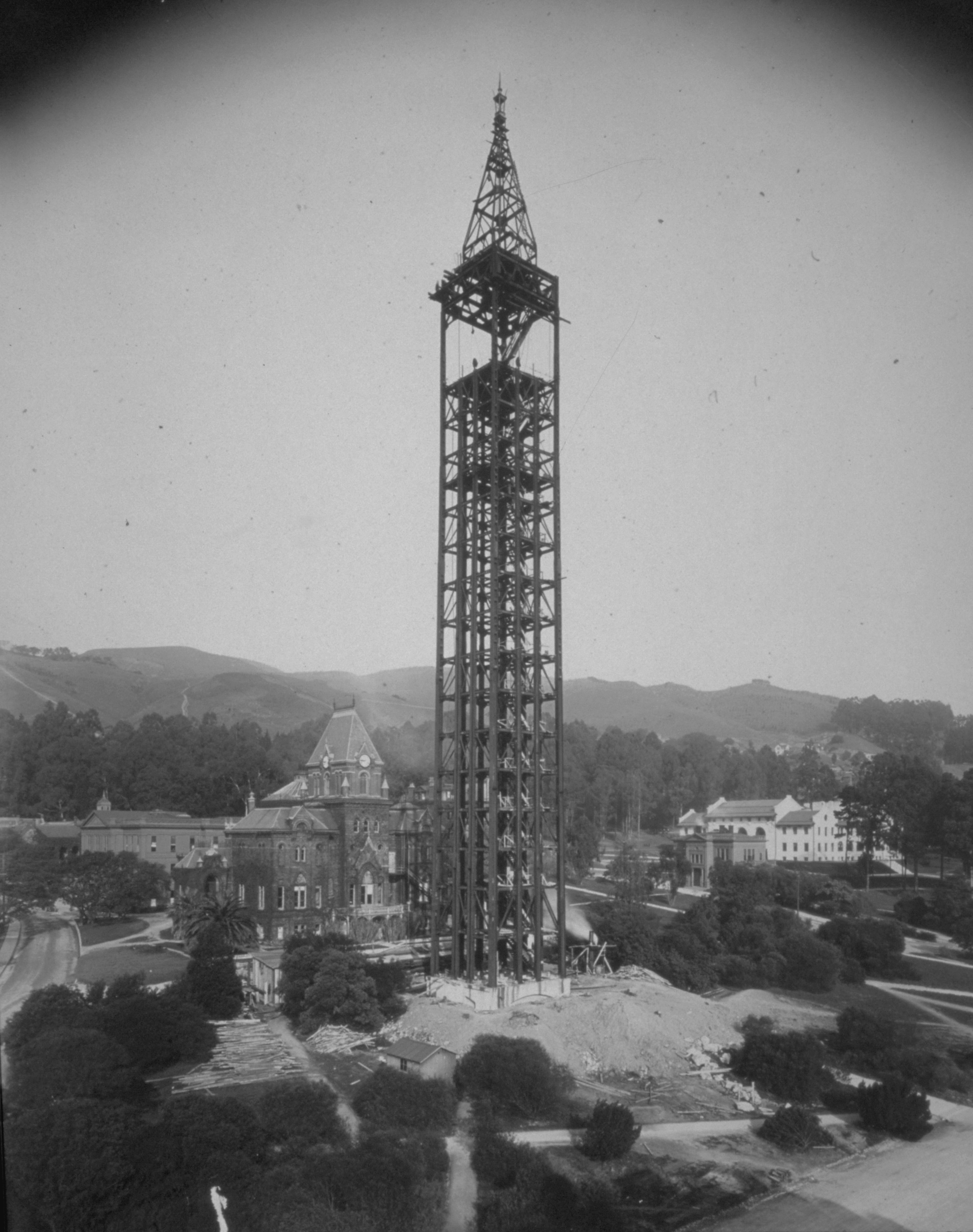 Historic photo of the skeleton of the tower rising toward the sky.