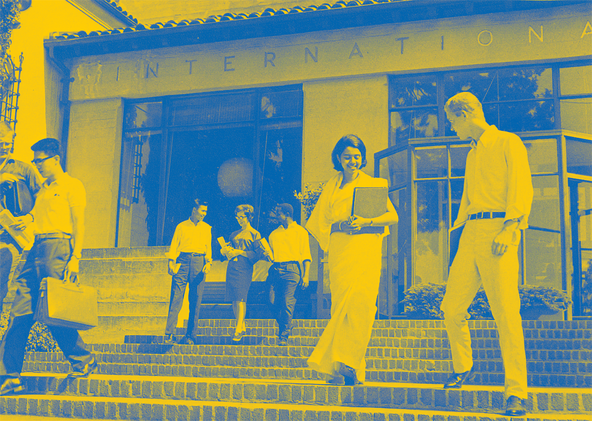 Photo of six students from different countries on the steps of I-House.