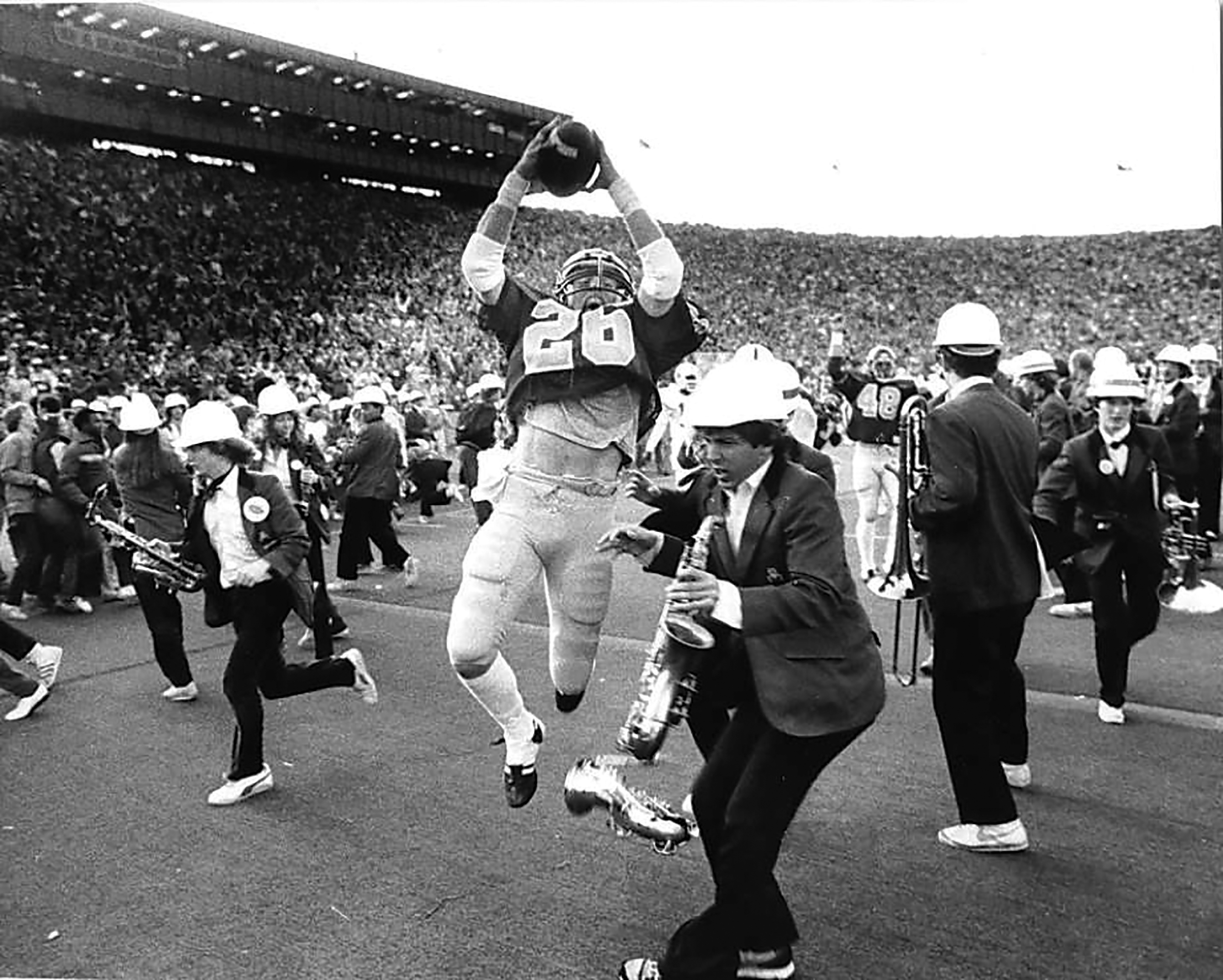 Black and white photo of the thrilling final seconds of the Bears' 1982 win over Stanford