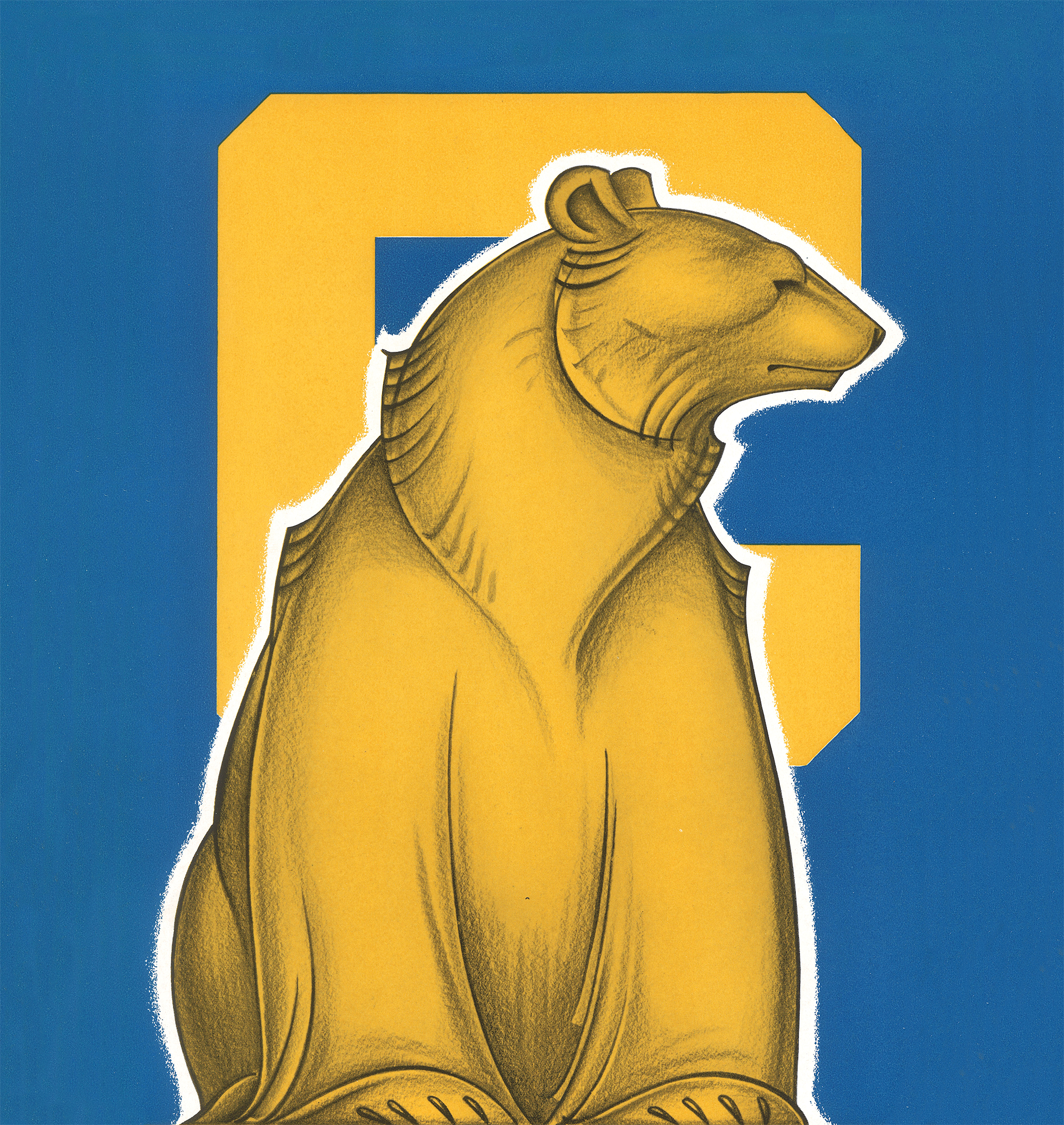 Graphic illustration of an angular gold bear in front of a C on a blue background.