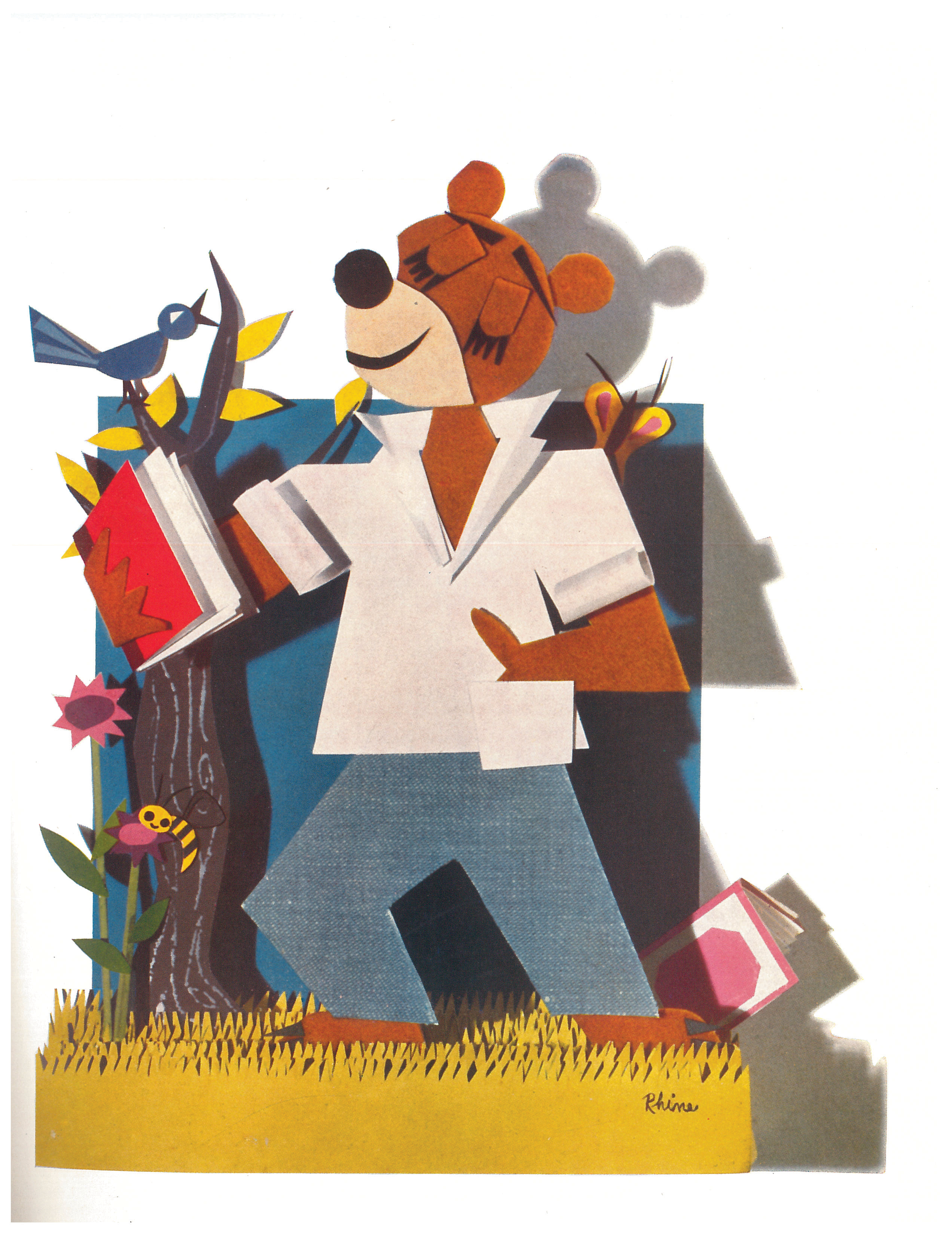 Collage of a bear reading a book of poetry in a whimsical landscape.