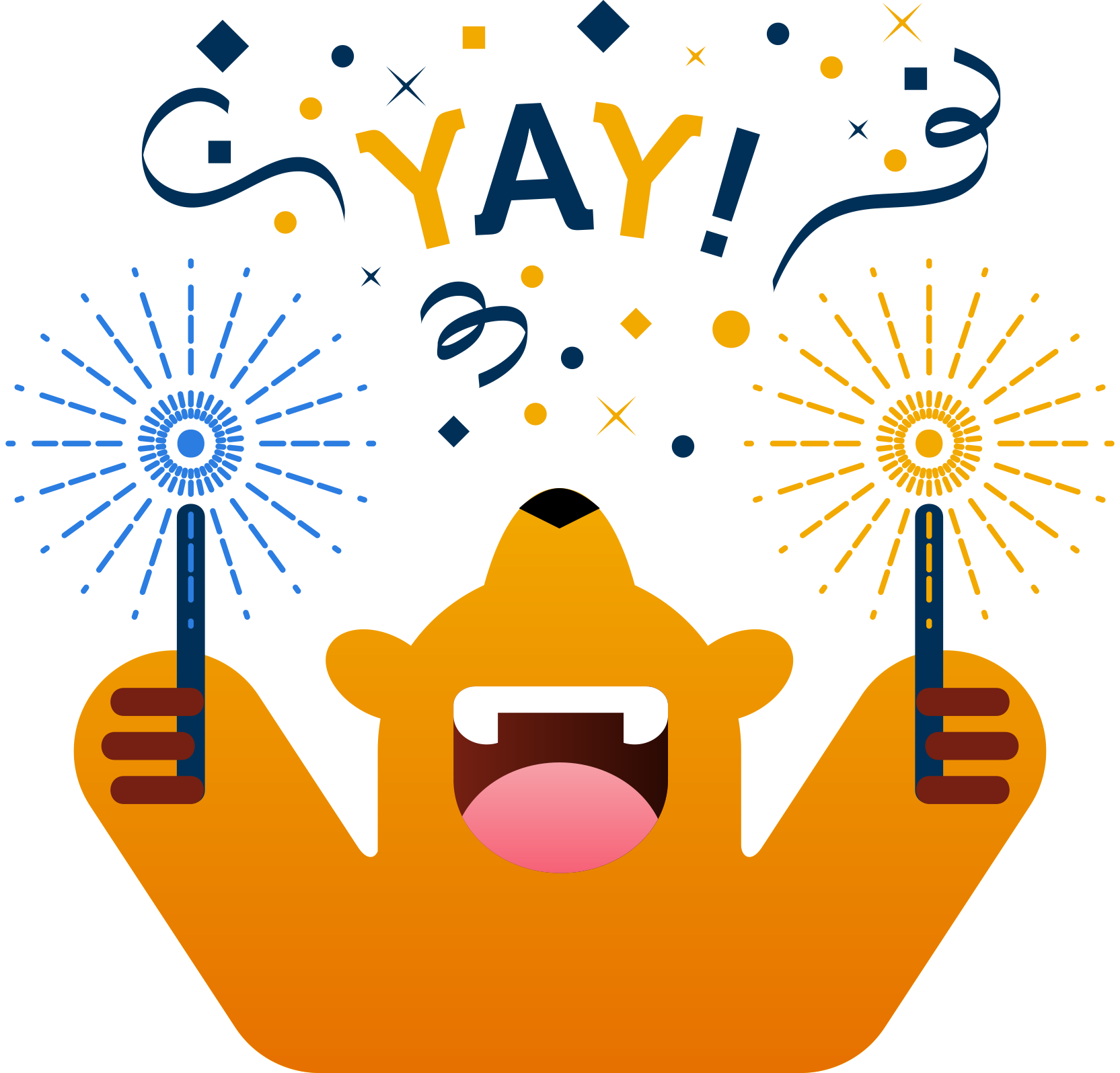 Emoji of a bear holding sparklers with a festive "Yay!" above its head.