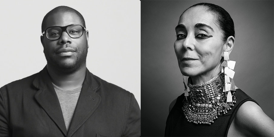 Black and white photos of Steve, a Black man wearing a T-shirt and blazer, and Shirin, an Iranian woman wearing a traditional silver beaded necklace and geometric dangling earrings.