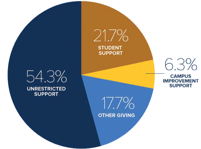 Pie chart of where funds were allocated in Big Give 2014: 54.3% unrestricted support, 21.7% student support, 6.3% campus improvement support, and 17.7% other giving