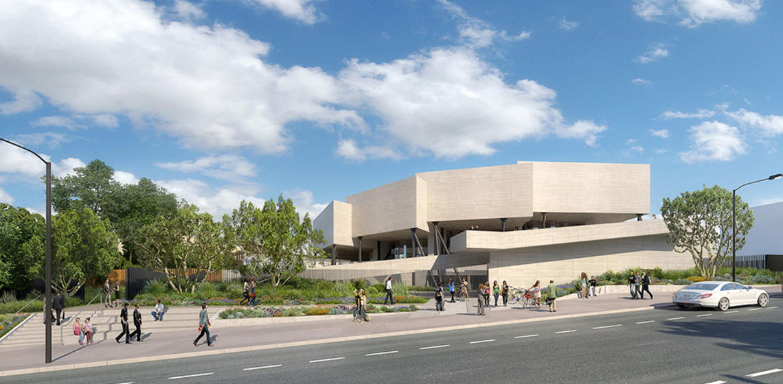 Architectural rendering of Woo Hon Fai Hall with pedestrians on a day with a blue sky