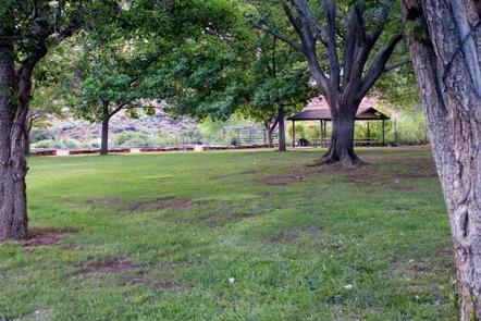 A grassy field with a few trees. A pavilion is in the background.