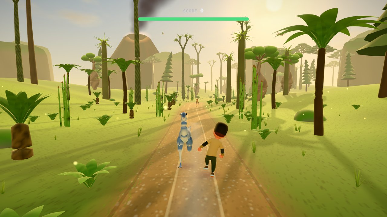 Leaning aside as a gallimimus sprints past through the prehistoric valley