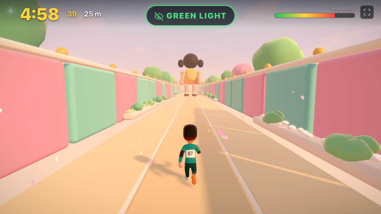 Sprinting down the candy-pink and mint arena on green light, petals drifting past, the giant doll’s back turned