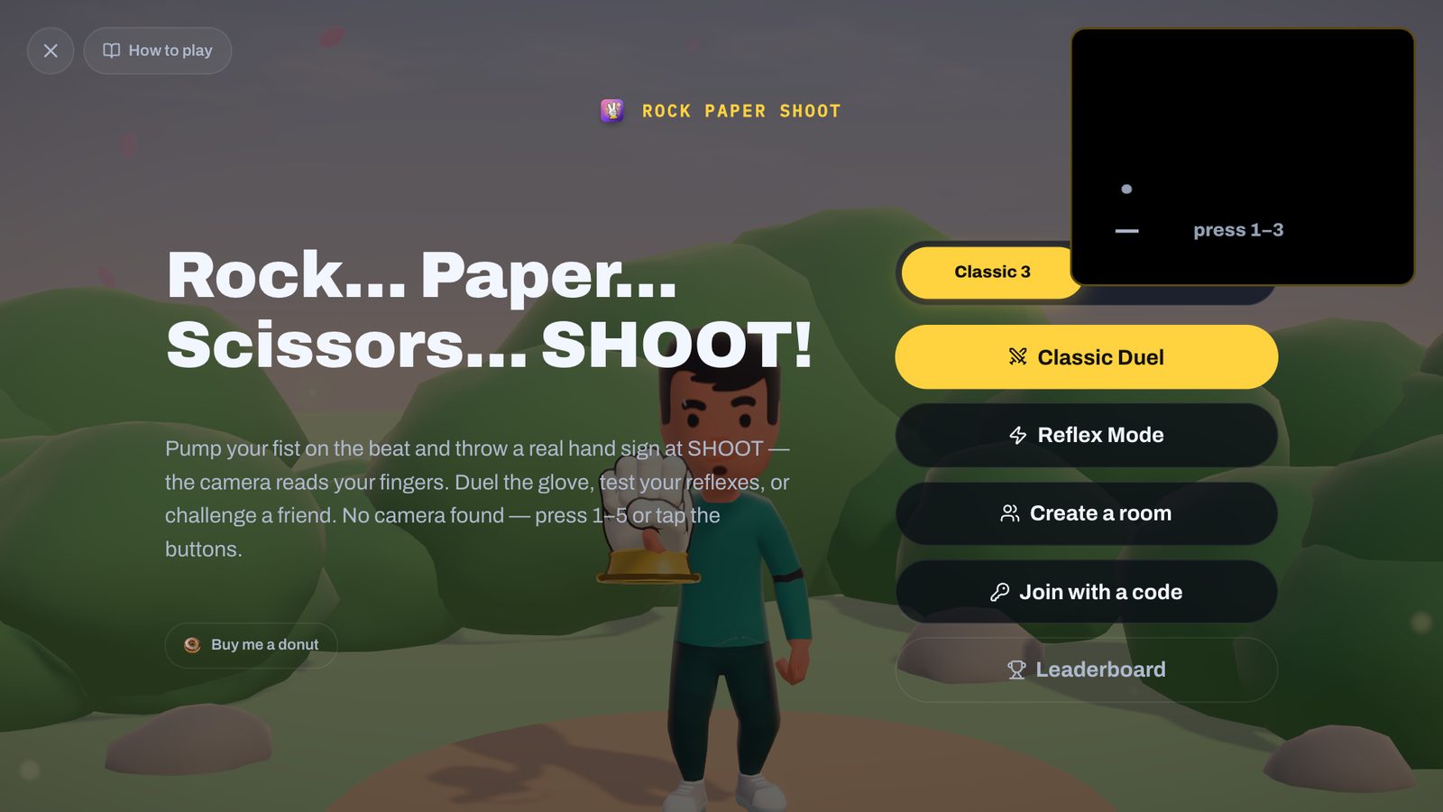 Menu with Create a room and Join with a code buttons for online multiplayer