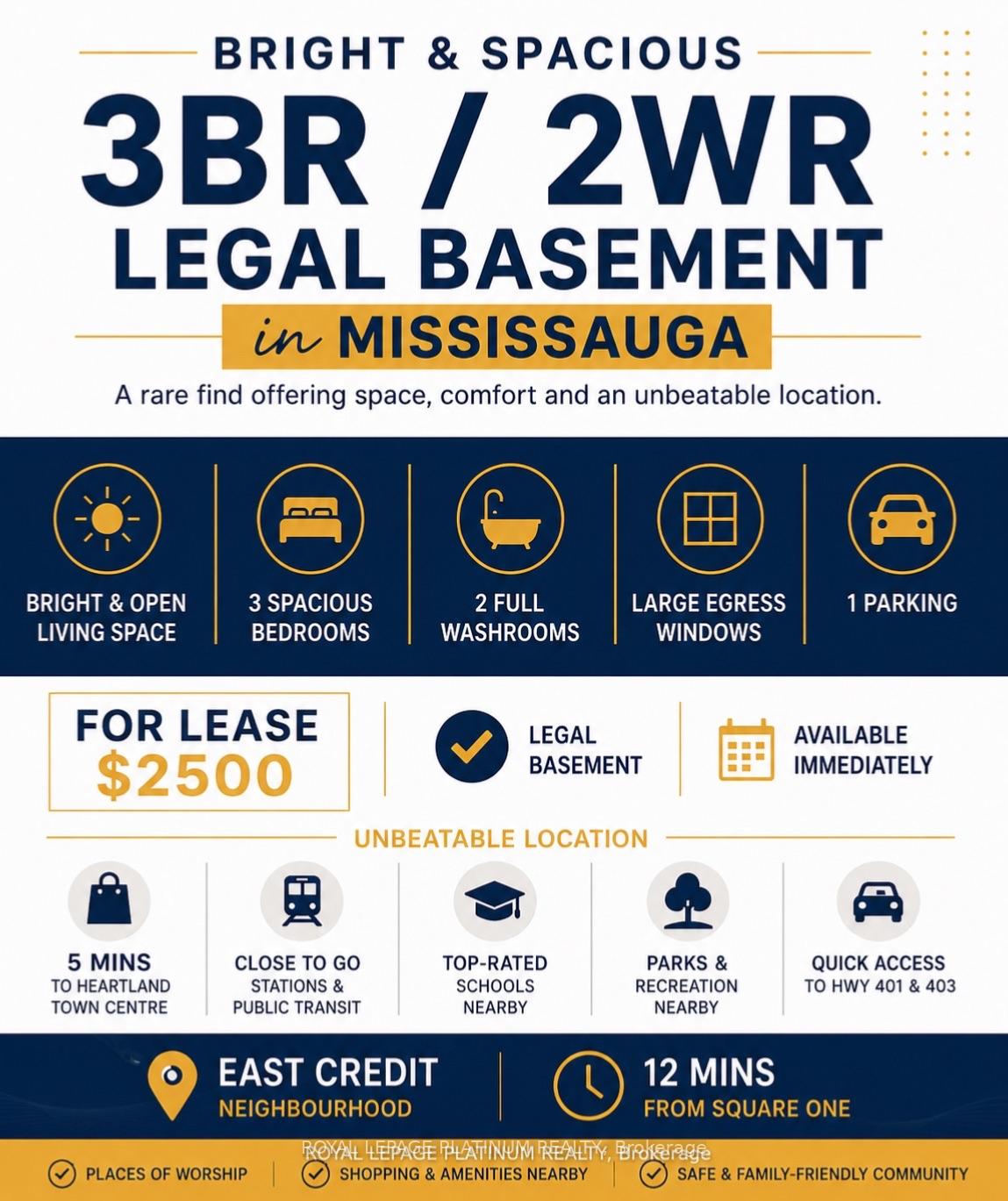 3BR Lower Level - 1540 Manorbrook Court Mississauga Ontario Canada Rent residential Karolina Mangat Royal Lepage Platinum Realty, Brokerage*